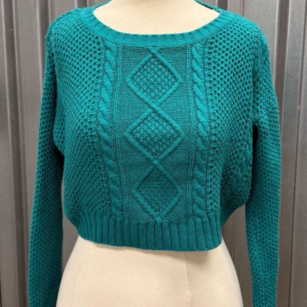 Tobi Teal Blue Green Cable Knit Cropped Pullover Sweater Size Small